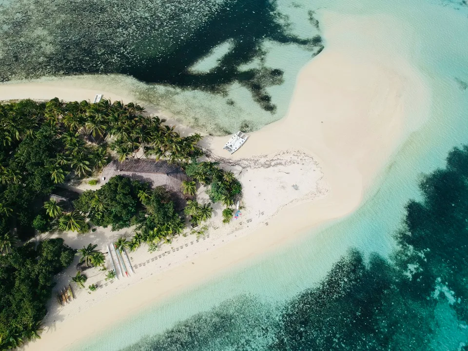Aerial view of a tropical island beach in Fiji